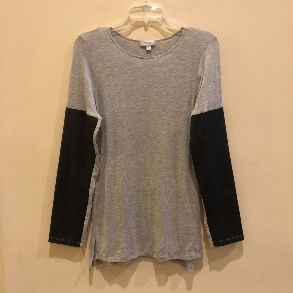 Gray Long Sleeve Shirt with Leather Sleeves